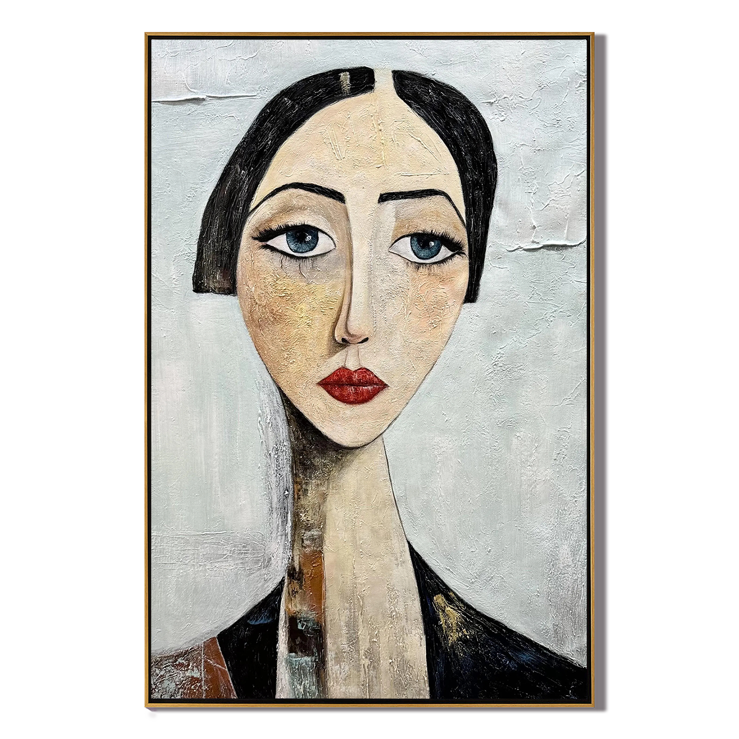 Blue Eyes Hold Winter — Long-Neck Woman Portrait Painting | Retro Modern Vertical Wall Art – gray and white and brown retro modern fashion art, vertical hand-painted canvas art – view 1