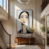 Blue Eyes Hold Winter — Long-Neck Woman Portrait Painting | Retro Modern Vertical Wall Art – gray and white and brown retro modern fashion art, vertical hand-painted canvas art – view 2