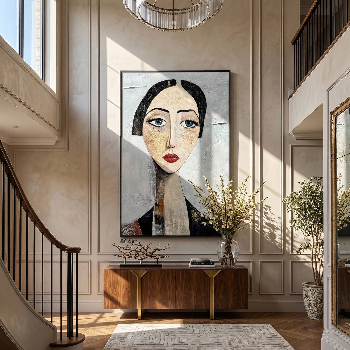 Blue Eyes Hold Winter — Long-Neck Woman Portrait Painting | Retro Modern Vertical Wall Art – gray and white and brown retro modern fashion art, vertical hand-painted canvas art – view 2