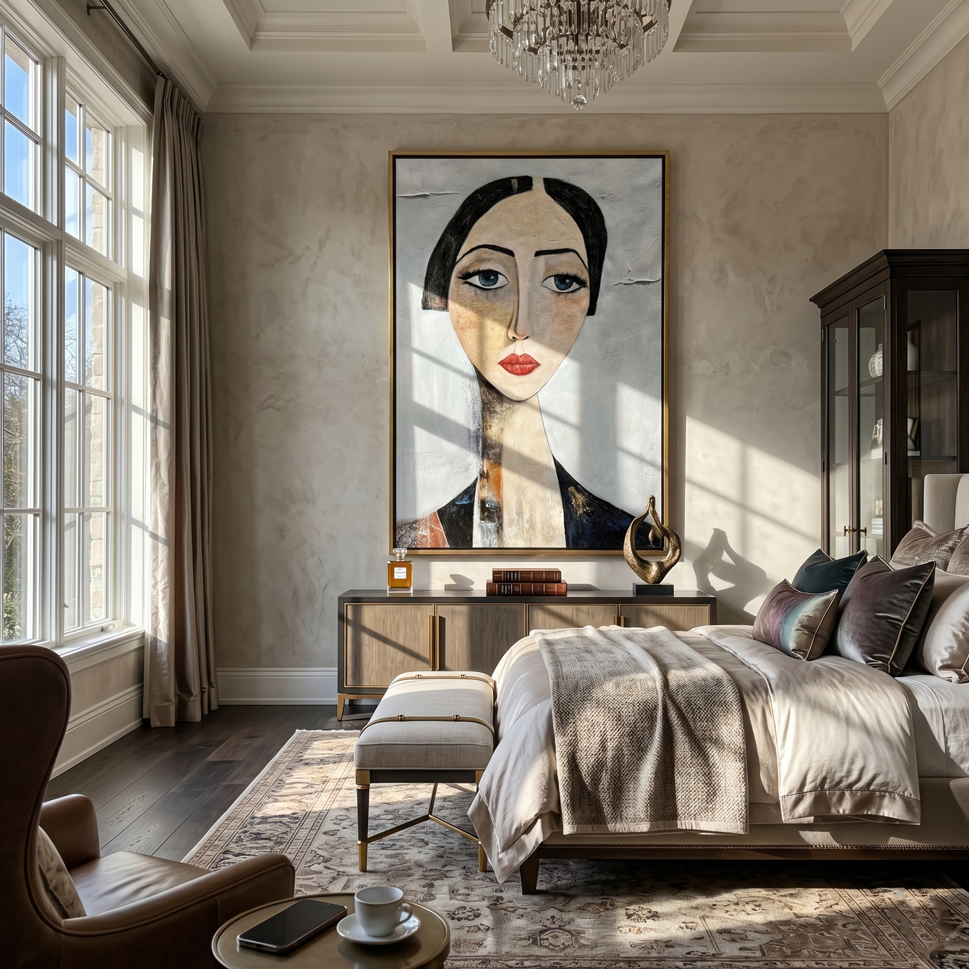 Blue Eyes Hold Winter — Long-Neck Woman Portrait Painting | Retro Modern Vertical Wall Art – gray and white and brown retro modern fashion art, vertical hand-painted canvas art – view 3