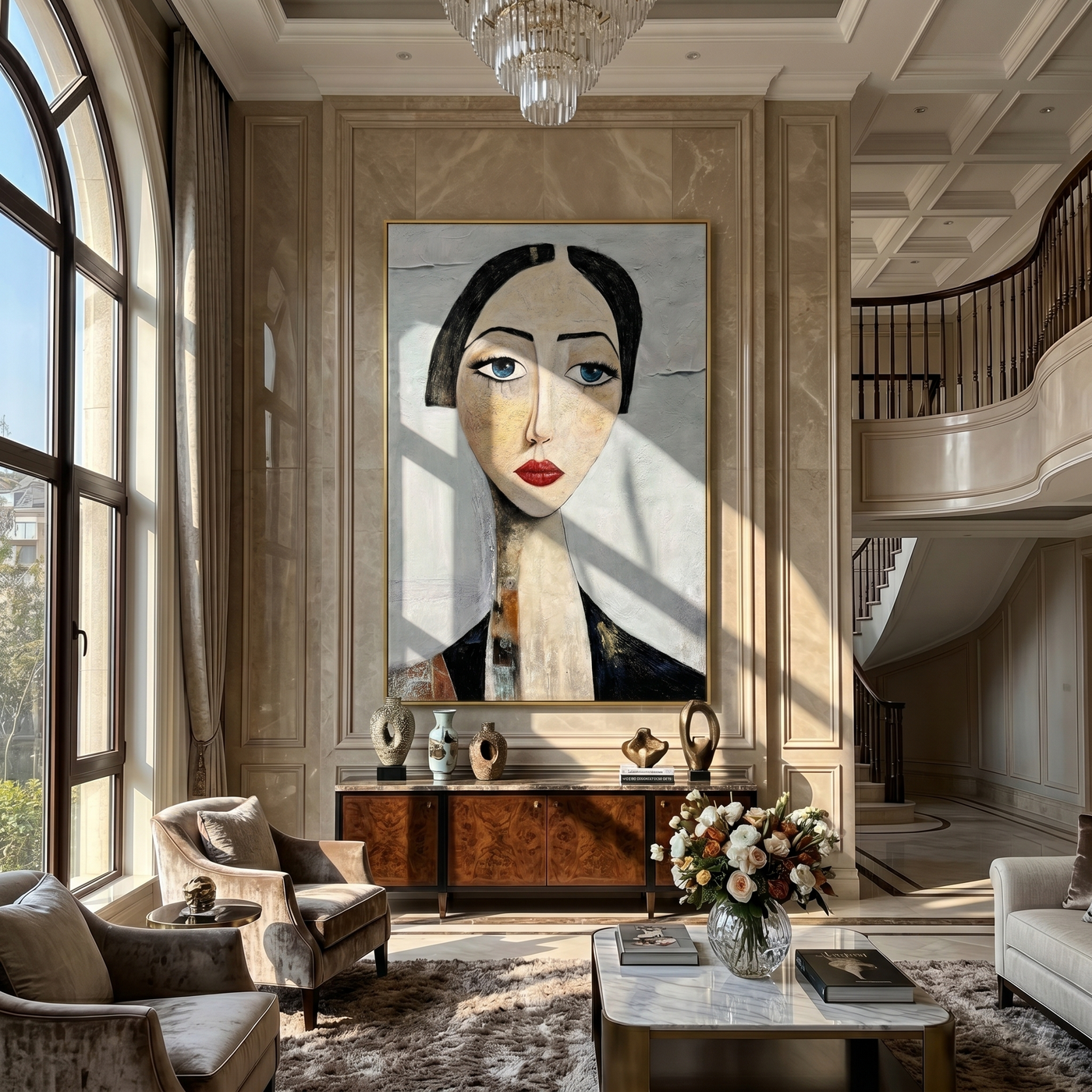 Blue Eyes Hold Winter — Long-Neck Woman Portrait Painting | Retro Modern Vertical Wall Art – gray and white and brown retro modern fashion art, vertical hand-painted canvas art – view 4