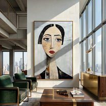 Blue Eyes Hold Winter — Long-Neck Woman Portrait Painting | Retro Modern Vertical Wall Art – gray and white and brown retro modern fashion art, vertical hand-painted canvas art – view 5
