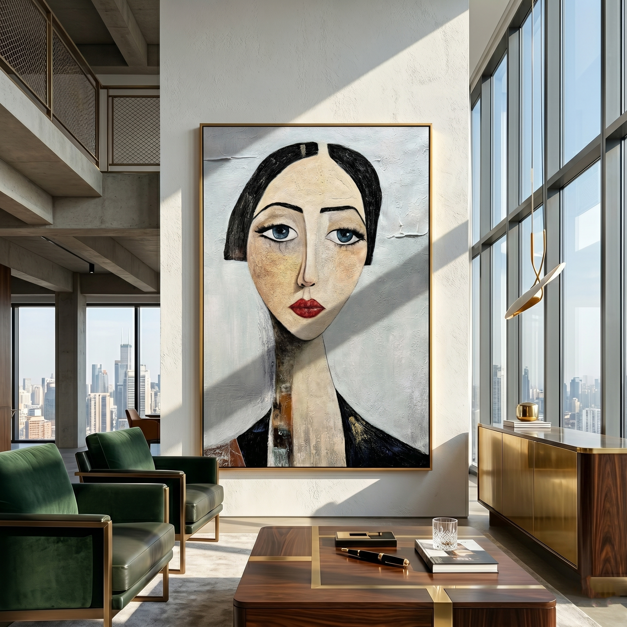 Blue Eyes Hold Winter — Long-Neck Woman Portrait Painting | Retro Modern Vertical Wall Art – gray and white and brown retro modern fashion art, vertical hand-painted canvas art – view 5
