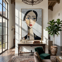 Blue Eyes Hold Winter — Long-Neck Woman Portrait Painting | Retro Modern Vertical Wall Art – gray and white and brown retro modern fashion art, vertical hand-painted canvas art – view 6