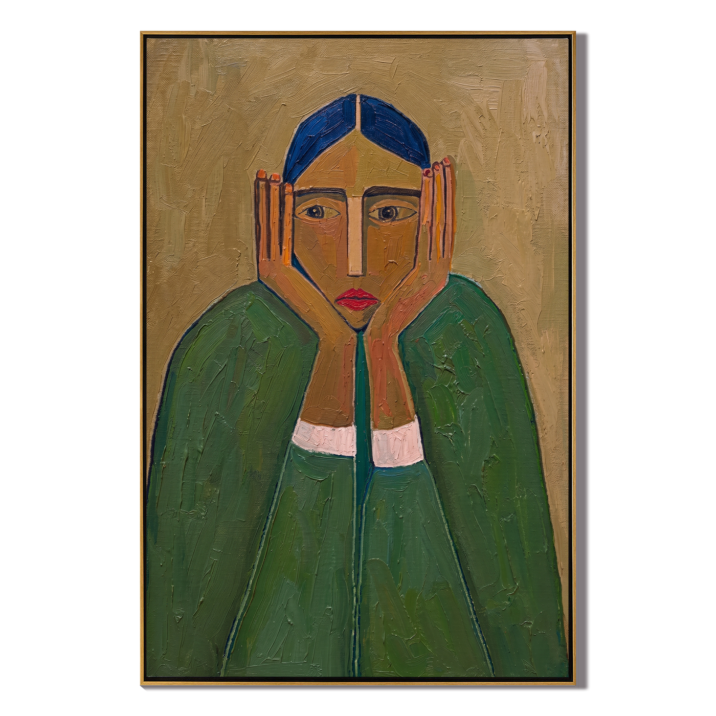 Green Sleeves Hold Thought — Blue-Haired Green Figure Painting | Retro Modern Vertical Wall Art – green and brown retro modern fashion art, vertical hand-painted canvas art – view 1