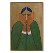 Green Sleeves Hold Thought — Blue-Haired Green Figure Painting | Retro Modern Vertical Wall Art – green and brown retro modern fashion art, vertical hand-painted canvas art – view 1