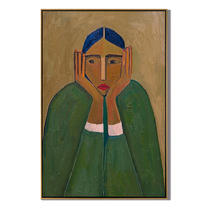 Green Sleeves Hold Thought — Blue-Haired Green Figure Painting | Retro Modern Vertical Wall Art – green and brown retro modern fashion art, vertical hand-painted canvas art – view 1