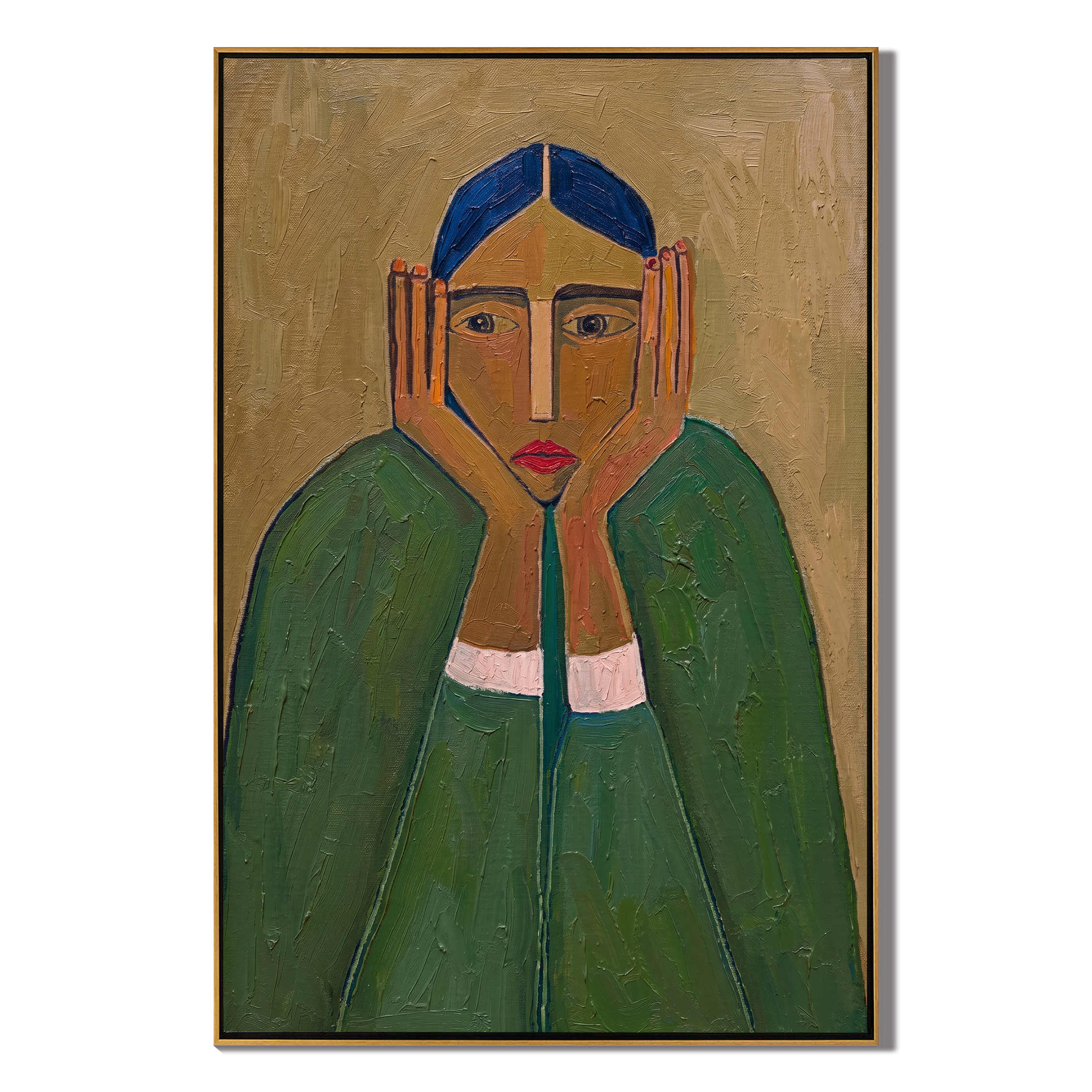 Green Sleeves Hold Thought — Blue-Haired Green Figure Painting | Retro Modern Vertical Wall Art – green and brown retro modern fashion art, vertical hand-painted canvas art – view 1
