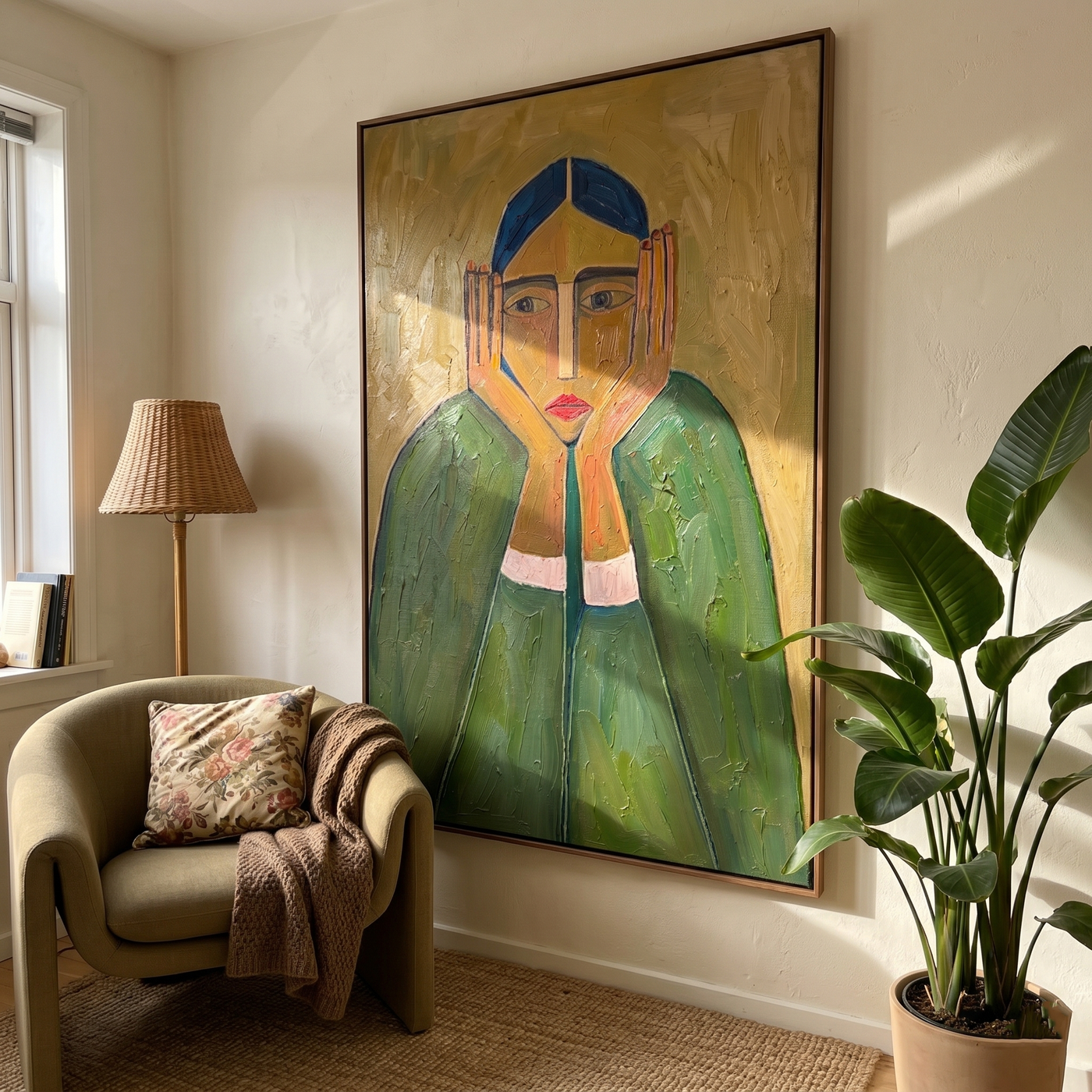 Green Sleeves Hold Thought — Blue-Haired Green Figure Painting | Retro Modern Vertical Wall Art – green and brown retro modern fashion art, vertical hand-painted canvas art – view 2
