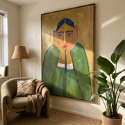 Green Sleeves Hold Thought — Blue-Haired Green Figure Painting | Retro Modern Vertical Wall Art – green and brown retro modern fashion art, vertical hand-painted canvas art – view 2