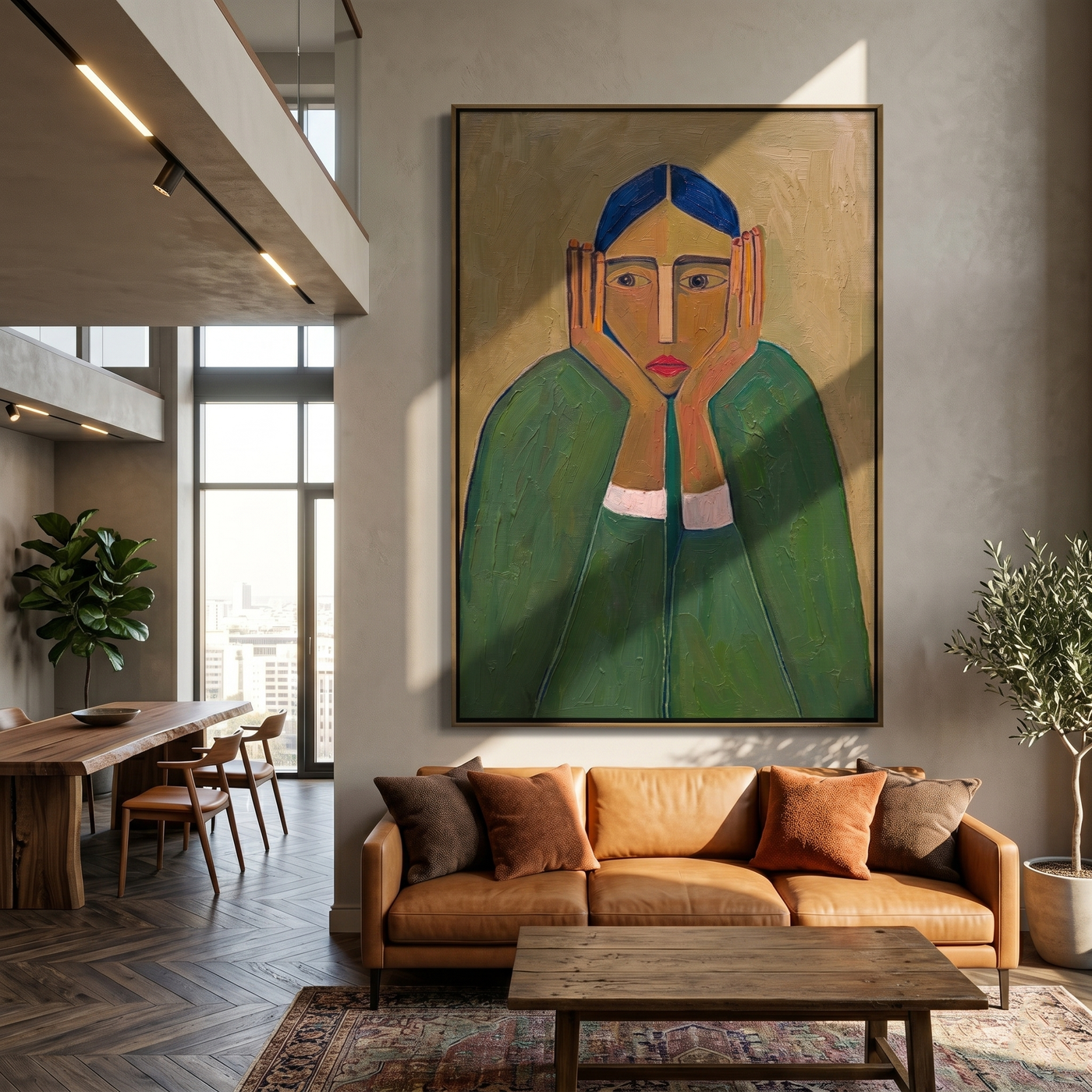 Green Sleeves Hold Thought — Blue-Haired Green Figure Painting | Retro Modern Vertical Wall Art – green and brown retro modern fashion art, vertical hand-painted canvas art – view 3