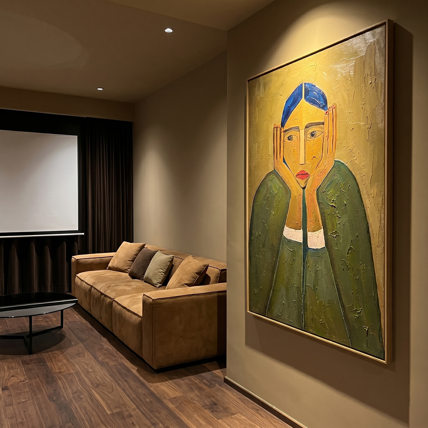 Green Sleeves Hold Thought — Blue-Haired Green Figure Painting | Retro Modern Vertical Wall Art – green and brown retro modern fashion art, vertical hand-painted canvas art – view 4