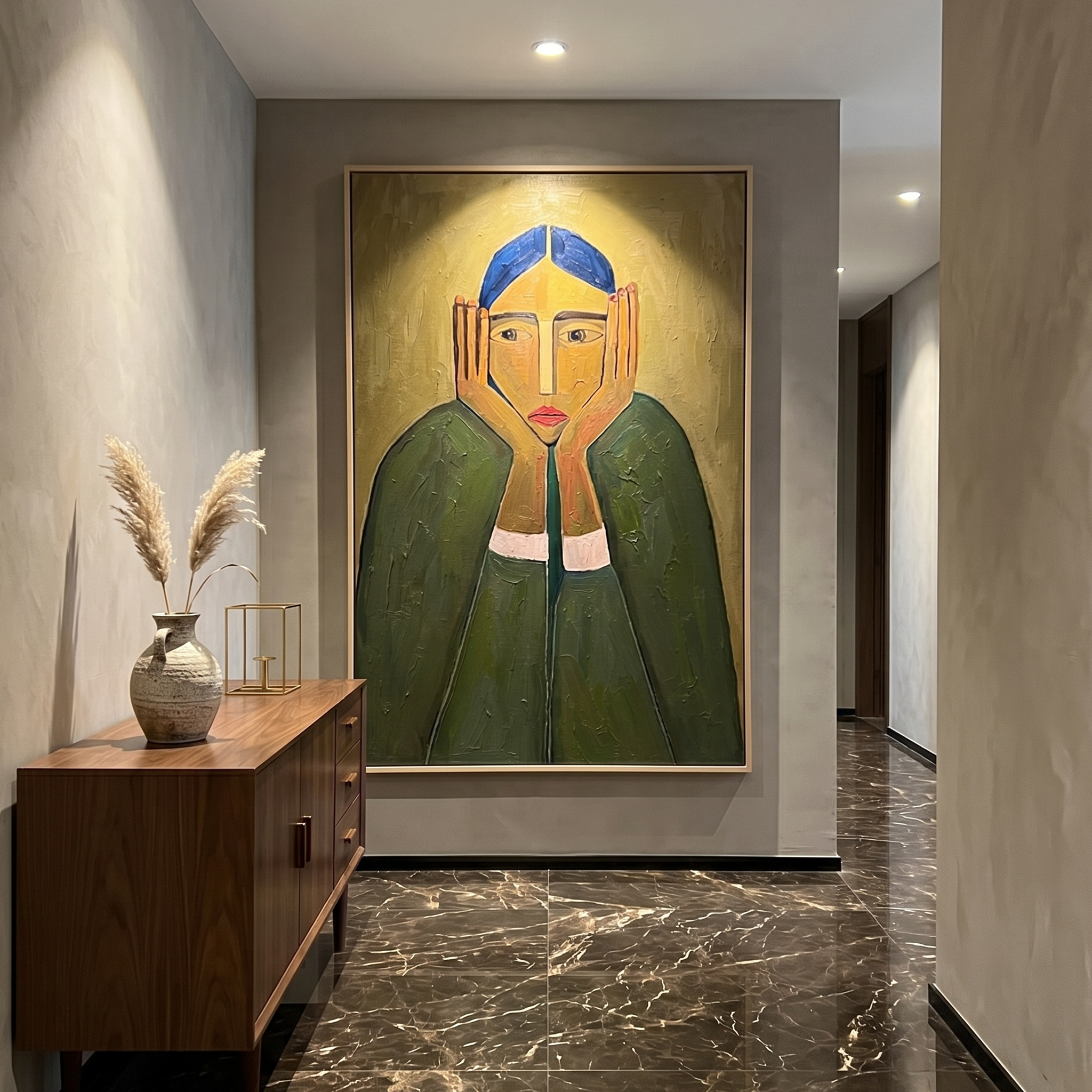 Green Sleeves Hold Thought — Blue-Haired Green Figure Painting | Retro Modern Vertical Wall Art – green and brown retro modern fashion art, vertical hand-painted canvas art – view 5