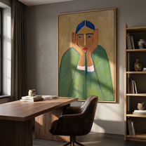 Green Sleeves Hold Thought — Blue-Haired Green Figure Painting | Retro Modern Vertical Wall Art – green and brown retro modern fashion art, vertical hand-painted canvas art – view 6
