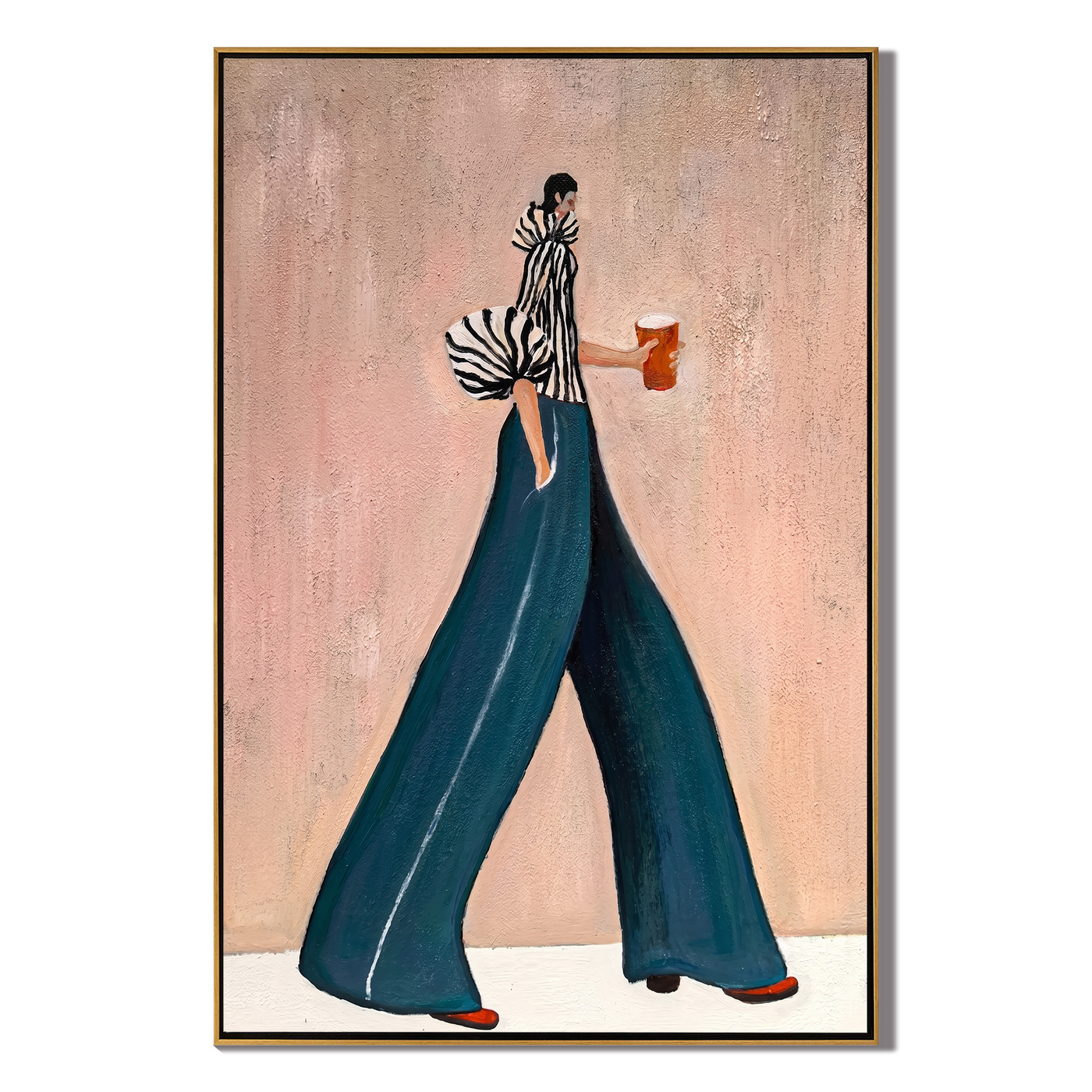 Teal Trousers Cross Pink — Striped Fashion Figure Painting | Retro Modern Vertical Wall Art – brown and blue retro modern fashion art, vertical hand-painted canvas art – view 1