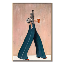 Teal Trousers Cross Pink — Striped Fashion Figure Painting | Retro Modern Vertical Wall Art – brown and blue retro modern fashion art, vertical hand-painted canvas art – view 1
