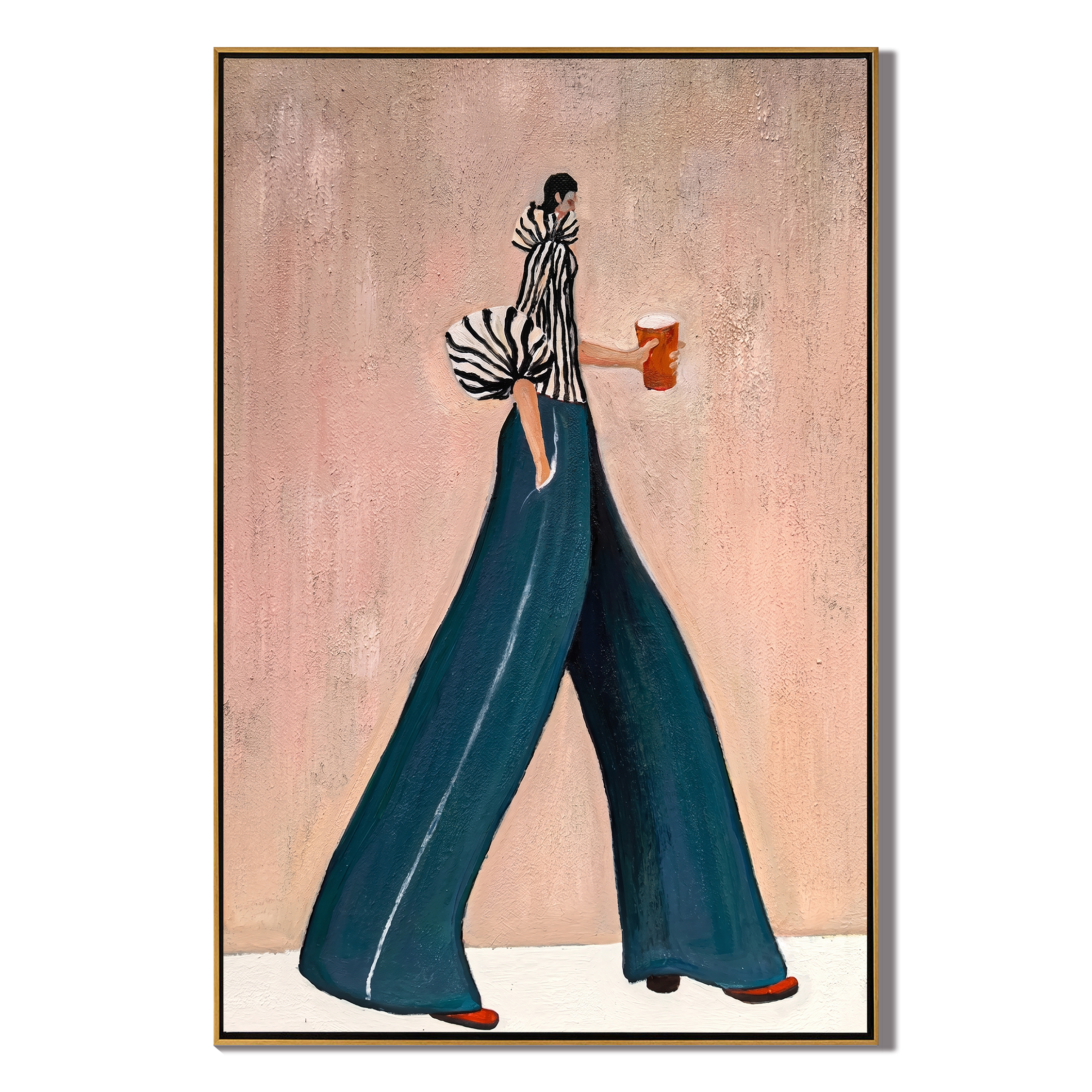 Teal Trousers Cross Pink — Striped Fashion Figure Painting | Retro Modern Vertical Wall Art – brown and blue retro modern fashion art, vertical hand-painted canvas art – view 1