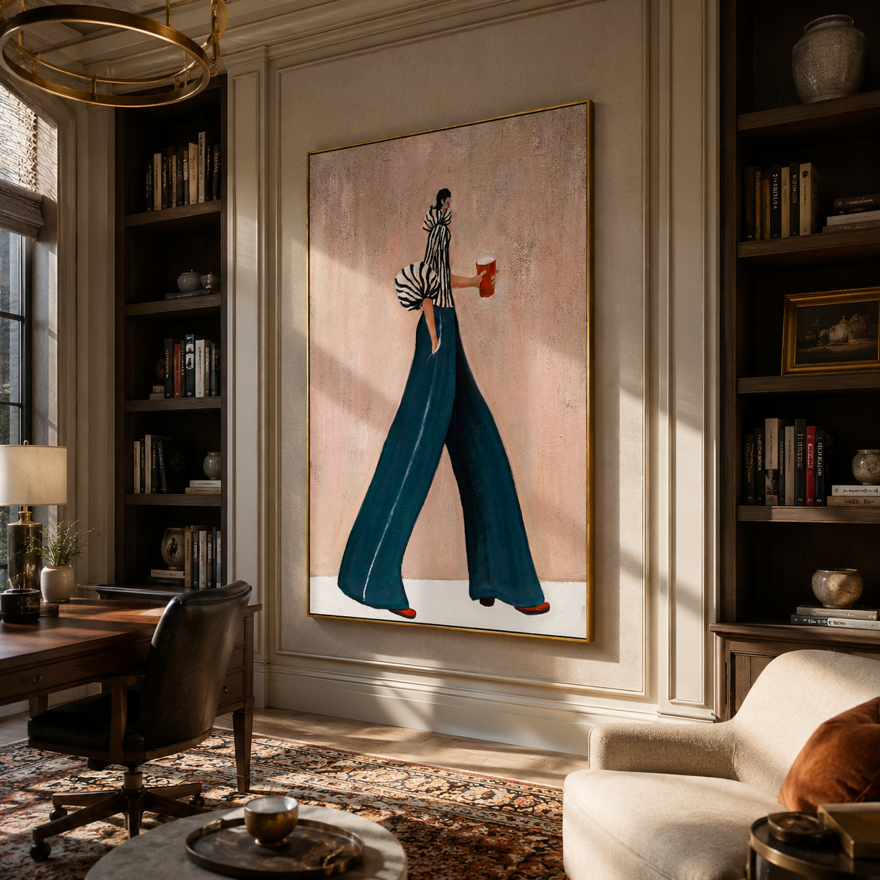 Teal Trousers Cross Pink — Striped Fashion Figure Painting | Retro Modern Vertical Wall Art – brown and blue retro modern fashion art, vertical hand-painted canvas art – view 2