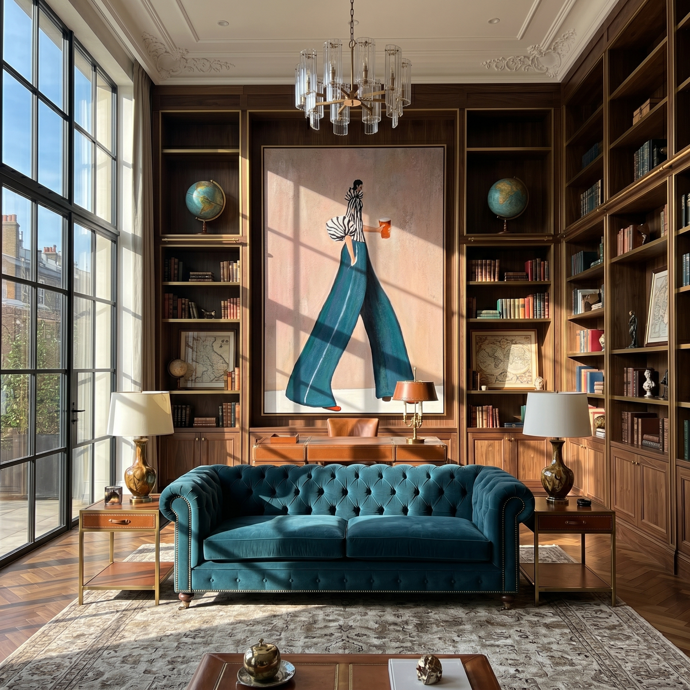 Teal Trousers Cross Pink — Striped Fashion Figure Painting | Retro Modern Vertical Wall Art – brown and blue retro modern fashion art, vertical hand-painted canvas art – view 3