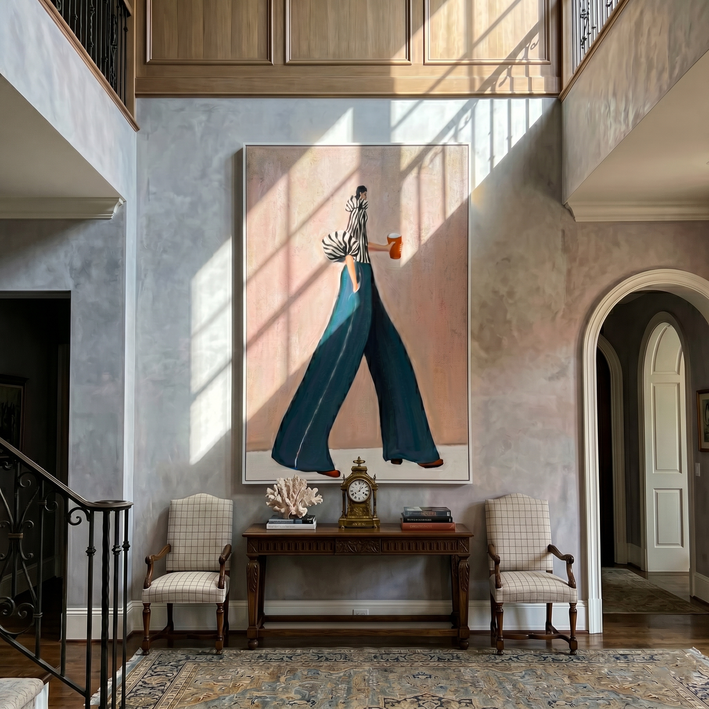 Teal Trousers Cross Pink — Striped Fashion Figure Painting | Retro Modern Vertical Wall Art – brown and blue retro modern fashion art, vertical hand-painted canvas art – view 4