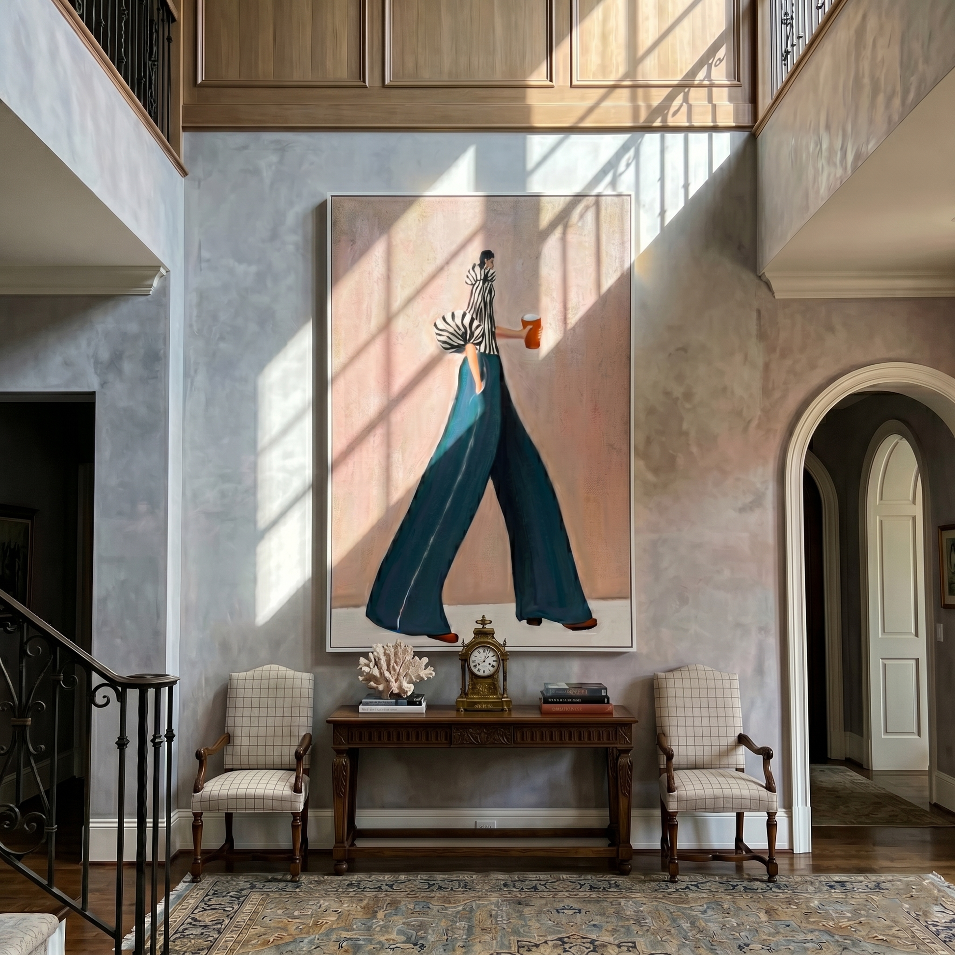 Teal Trousers Cross Pink — Striped Fashion Figure Painting | Retro Modern Vertical Wall Art – brown and blue retro modern fashion art, vertical hand-painted canvas art – view 4
