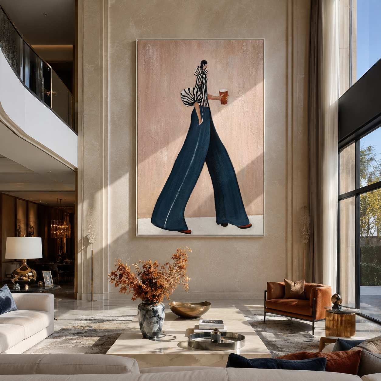 Teal Trousers Cross Pink — Striped Fashion Figure Painting | Retro Modern Vertical Wall Art – brown and blue retro modern fashion art, vertical hand-painted canvas art – view 6