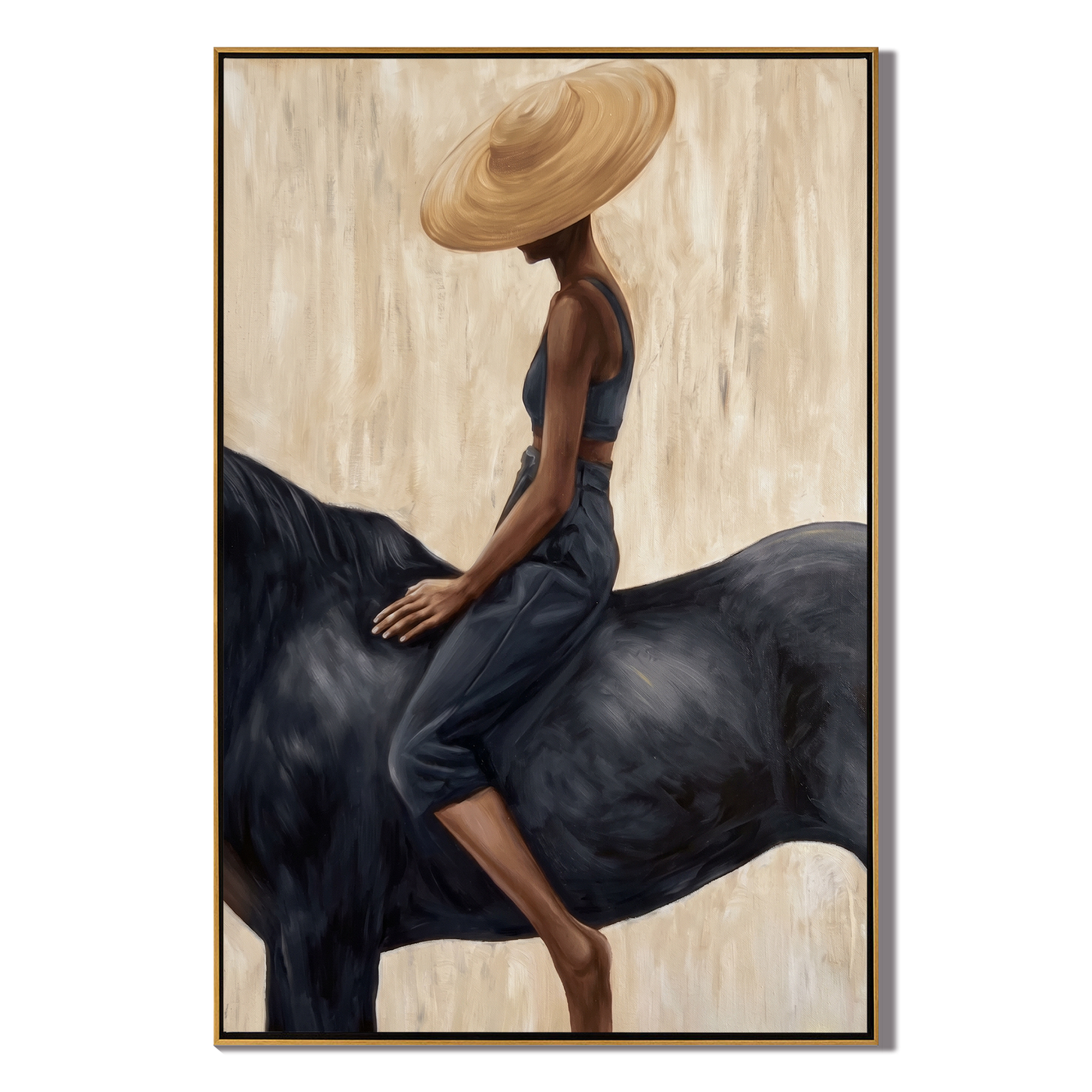 Straw Hat Above Midnight — Straw Hat Horsewoman Painting | Retro Modern Vertical Wall Art – brown and black and gray retro modern fashion art, vertical hand-painted canvas art – view 1