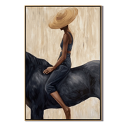 Straw Hat Above Midnight — Straw Hat Horsewoman Painting | Retro Modern Vertical Wall Art – brown and black and gray retro modern fashion art, vertical hand-painted canvas art – view 1