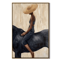 Straw Hat Above Midnight — Straw Hat Horsewoman Painting | Retro Modern Vertical Wall Art – brown and black and gray retro modern fashion art, vertical hand-painted canvas art – view 1