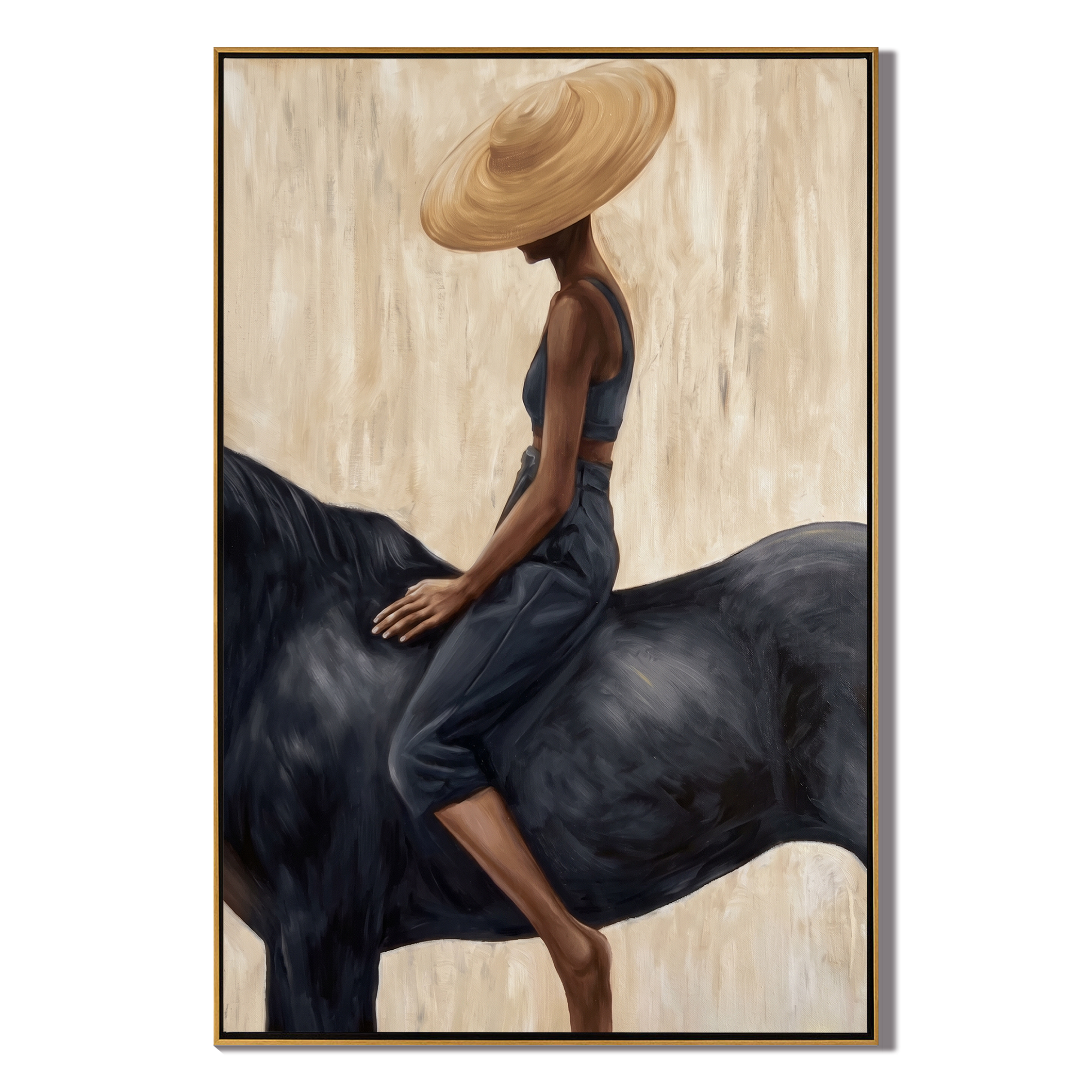 Straw Hat Above Midnight — Straw Hat Horsewoman Painting | Retro Modern Vertical Wall Art – brown and black and gray retro modern fashion art, vertical hand-painted canvas art – view 1
