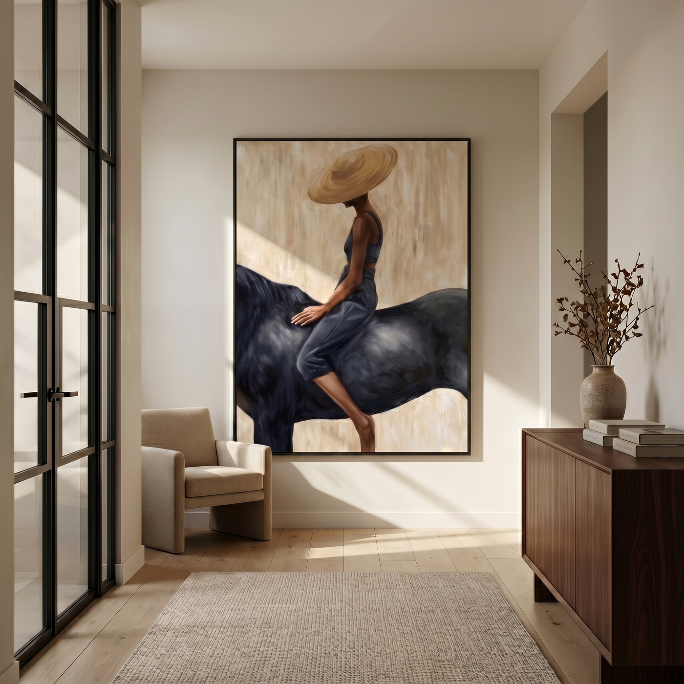 Straw Hat Above Midnight — Straw Hat Horsewoman Painting | Retro Modern Vertical Wall Art – brown and black and gray retro modern fashion art, vertical hand-painted canvas art – view 2
