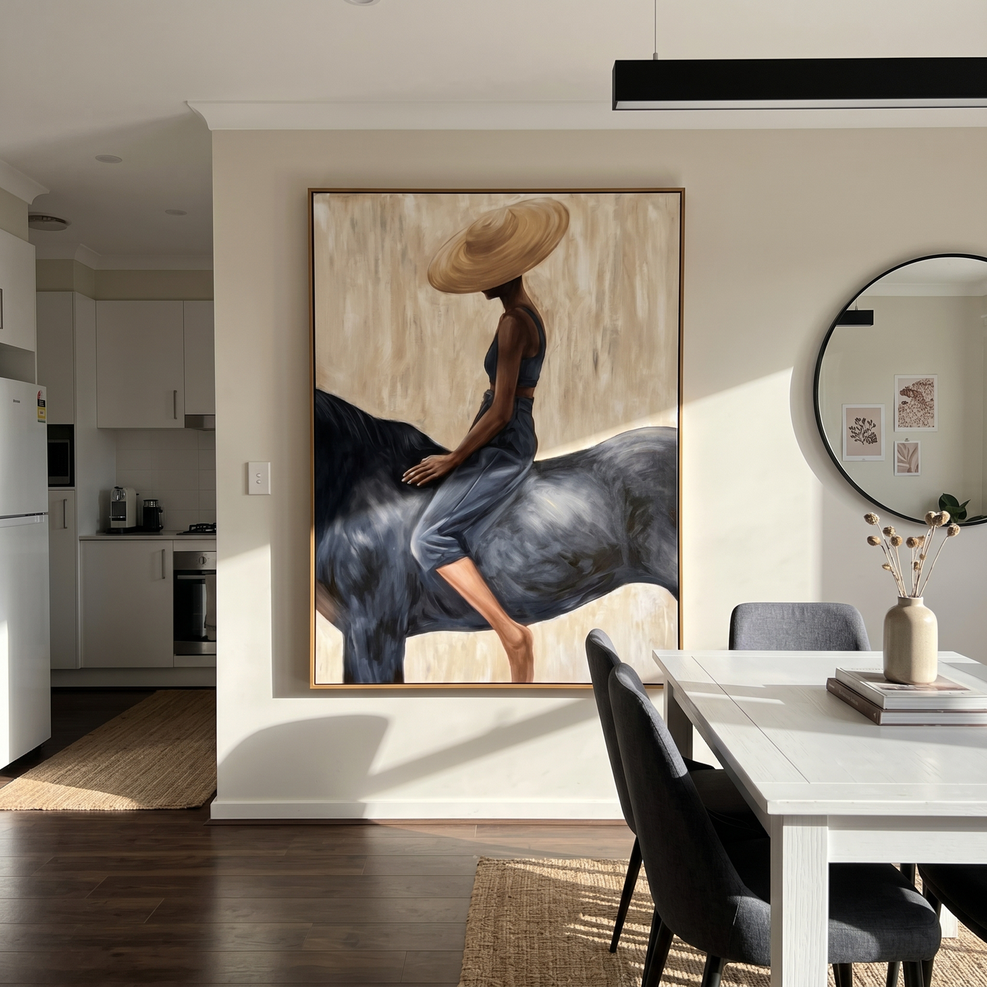 Straw Hat Above Midnight — Straw Hat Horsewoman Painting | Retro Modern Vertical Wall Art – brown and black and gray retro modern fashion art, vertical hand-painted canvas art – view 3