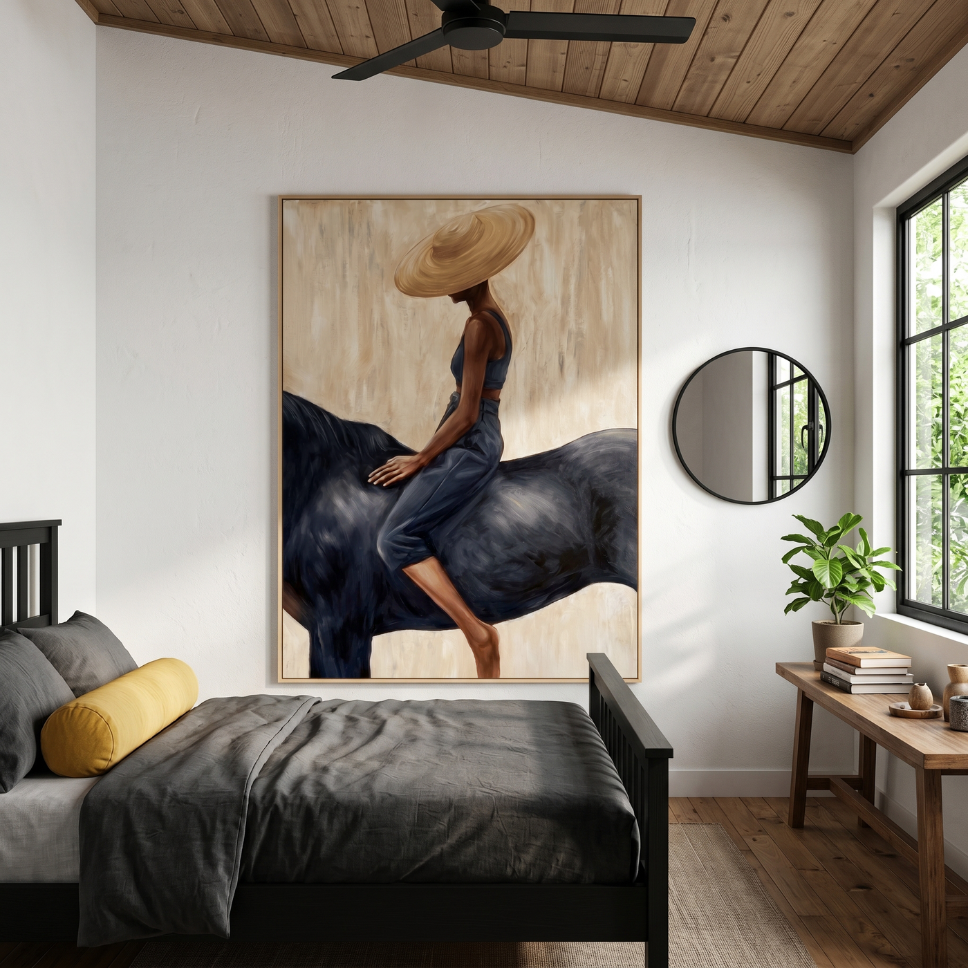 Straw Hat Above Midnight — Straw Hat Horsewoman Painting | Retro Modern Vertical Wall Art – brown and black and gray retro modern fashion art, vertical hand-painted canvas art – view 4