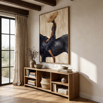 Straw Hat Above Midnight — Straw Hat Horsewoman Painting | Retro Modern Vertical Wall Art – brown and black and gray retro modern fashion art, vertical hand-painted canvas art – view 5