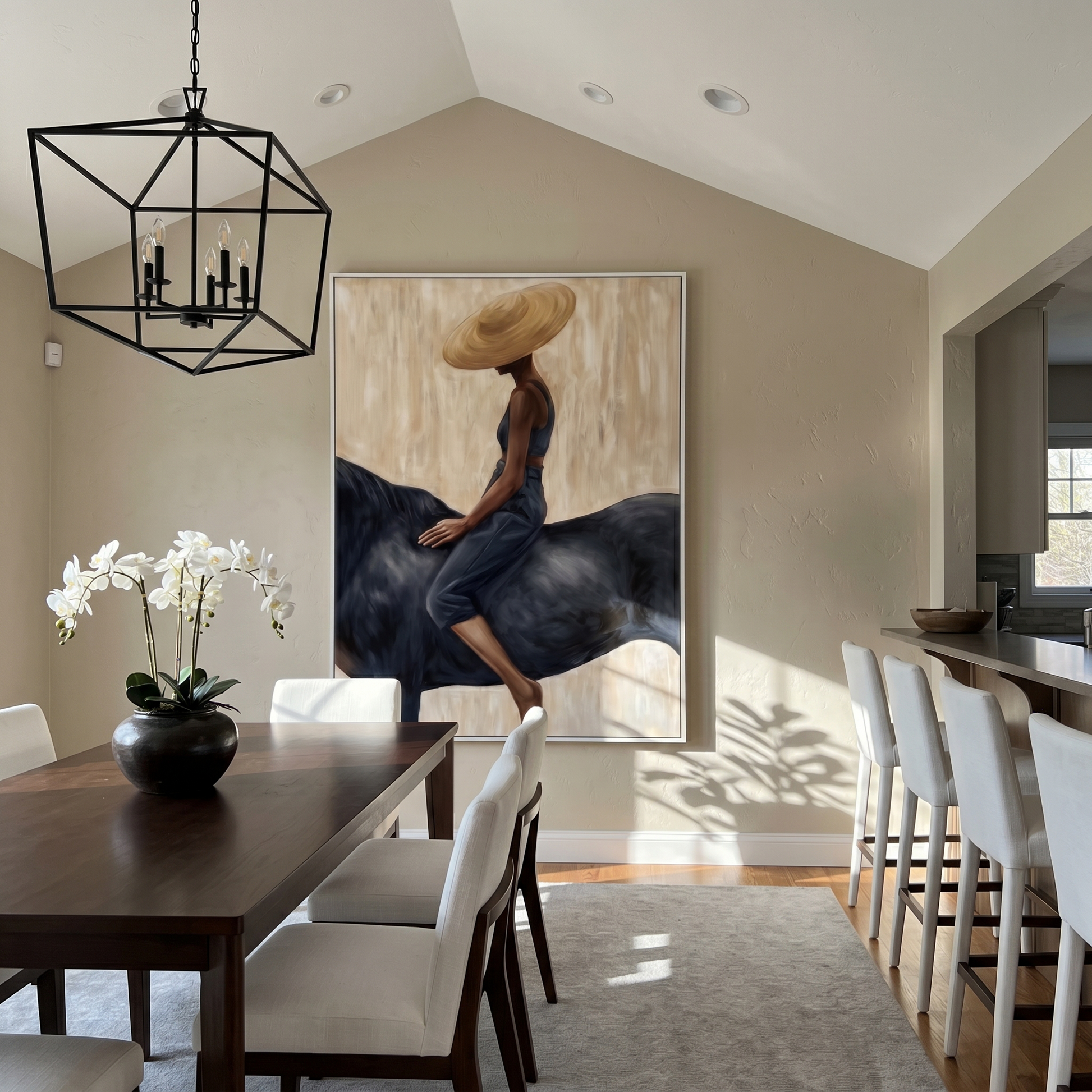 Straw Hat Above Midnight — Straw Hat Horsewoman Painting | Retro Modern Vertical Wall Art – brown and black and gray retro modern fashion art, vertical hand-painted canvas art – view 6