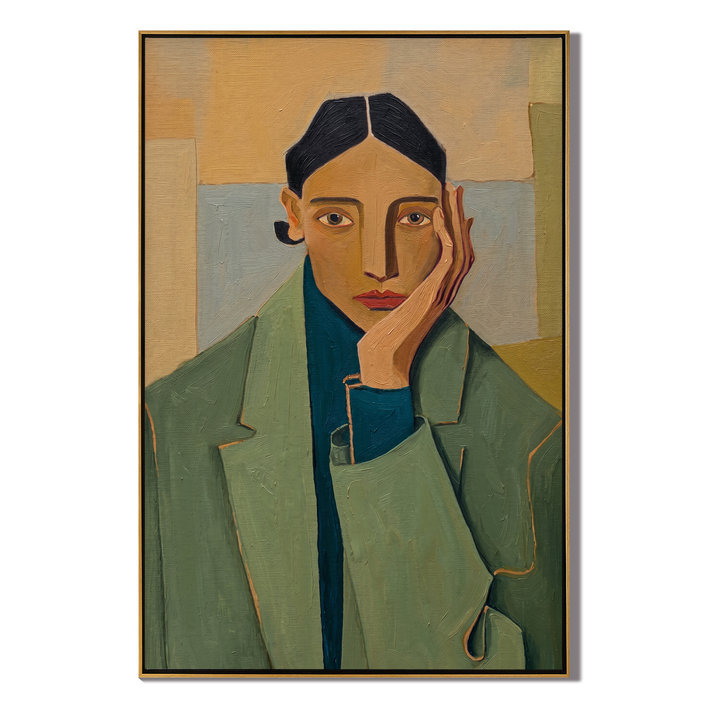 Green Blazer Quiet Hour — Green Blazer Portrait Painting | Retro Modern Vertical Wall Art – green and brown and gold retro modern fashion art, vertical hand-painted canvas art – view 1