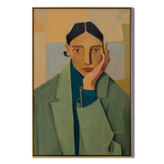 Green Blazer Quiet Hour — Green Blazer Portrait Painting | Retro Modern Vertical Wall Art – green and brown and gold retro modern fashion art, vertical hand-painted canvas art – view 1