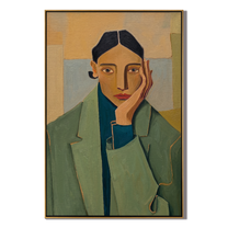 Green Blazer Quiet Hour — Green Blazer Portrait Painting | Retro Modern Vertical Wall Art – green and brown and gold retro modern fashion art, vertical hand-painted canvas art – view 1