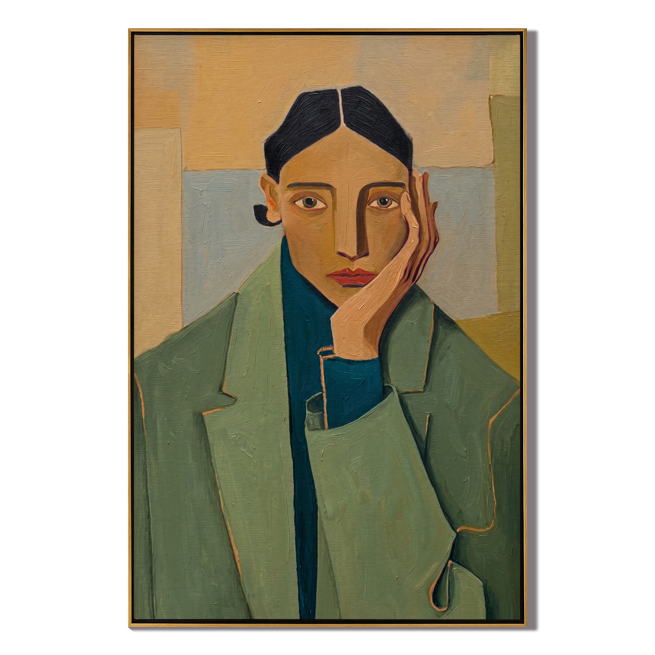 Green Blazer Quiet Hour — Green Blazer Portrait Painting | Retro Modern Vertical Wall Art – green and brown and gold retro modern fashion art, vertical hand-painted canvas art – view 1