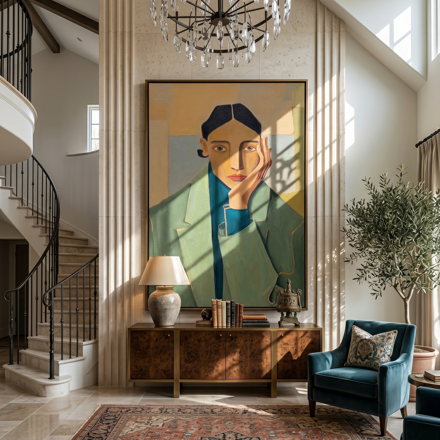 Green Blazer Quiet Hour — Green Blazer Portrait Painting | Retro Modern Vertical Wall Art – green and brown and gold retro modern fashion art, vertical hand-painted canvas art – view 2