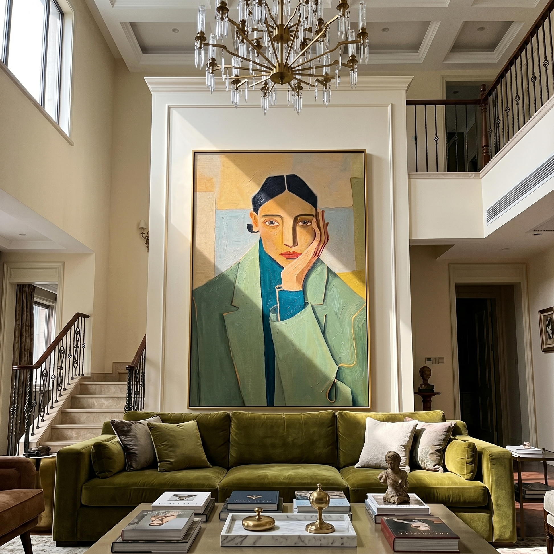 Green Blazer Quiet Hour — Green Blazer Portrait Painting | Retro Modern Vertical Wall Art – green and brown and gold retro modern fashion art, vertical hand-painted canvas art – view 4
