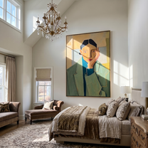 Green Blazer Quiet Hour — Green Blazer Portrait Painting | Retro Modern Vertical Wall Art – green and brown and gold retro modern fashion art, vertical hand-painted canvas art – view 5