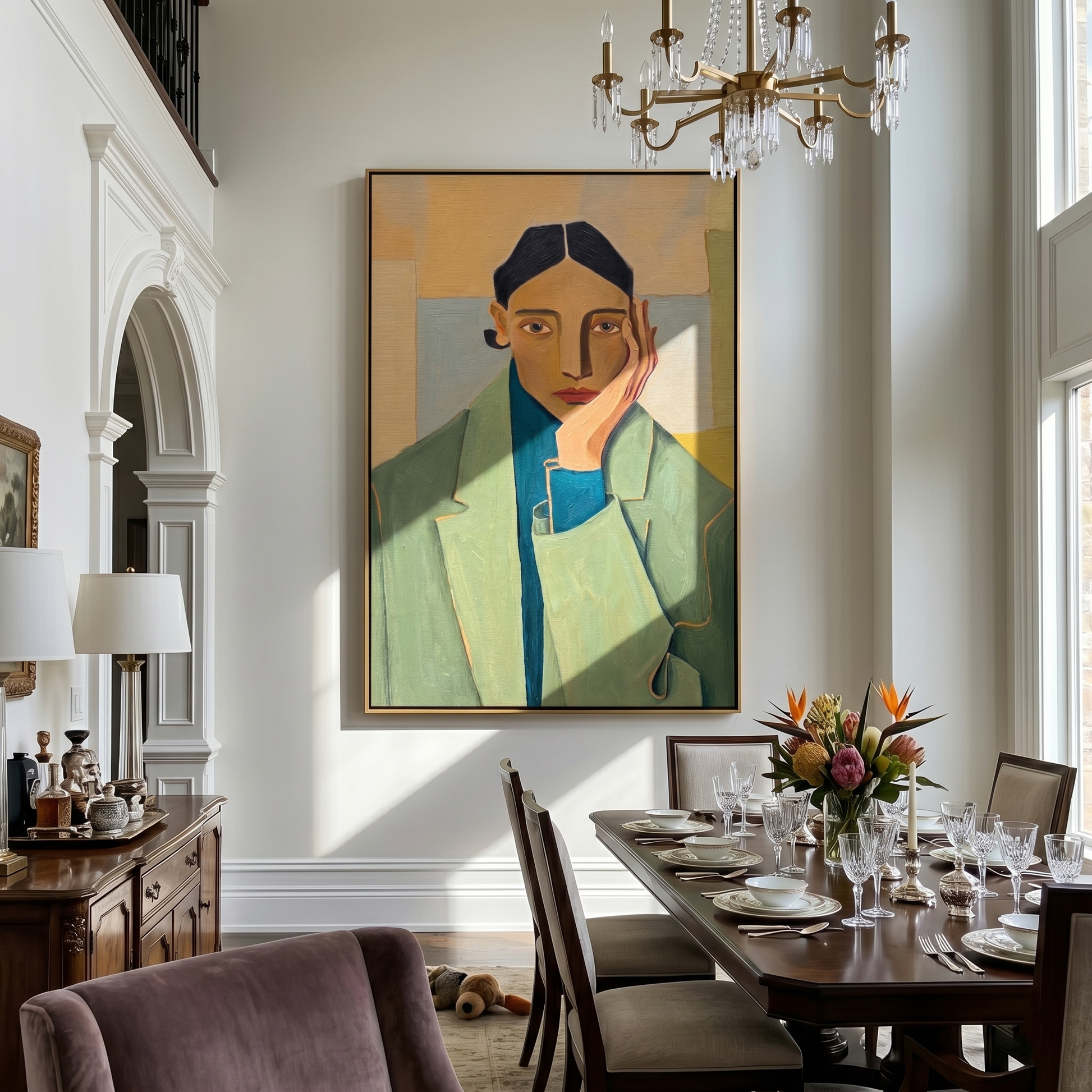 Green Blazer Quiet Hour — Green Blazer Portrait Painting | Retro Modern Vertical Wall Art – green and brown and gold retro modern fashion art, vertical hand-painted canvas art – view 6
