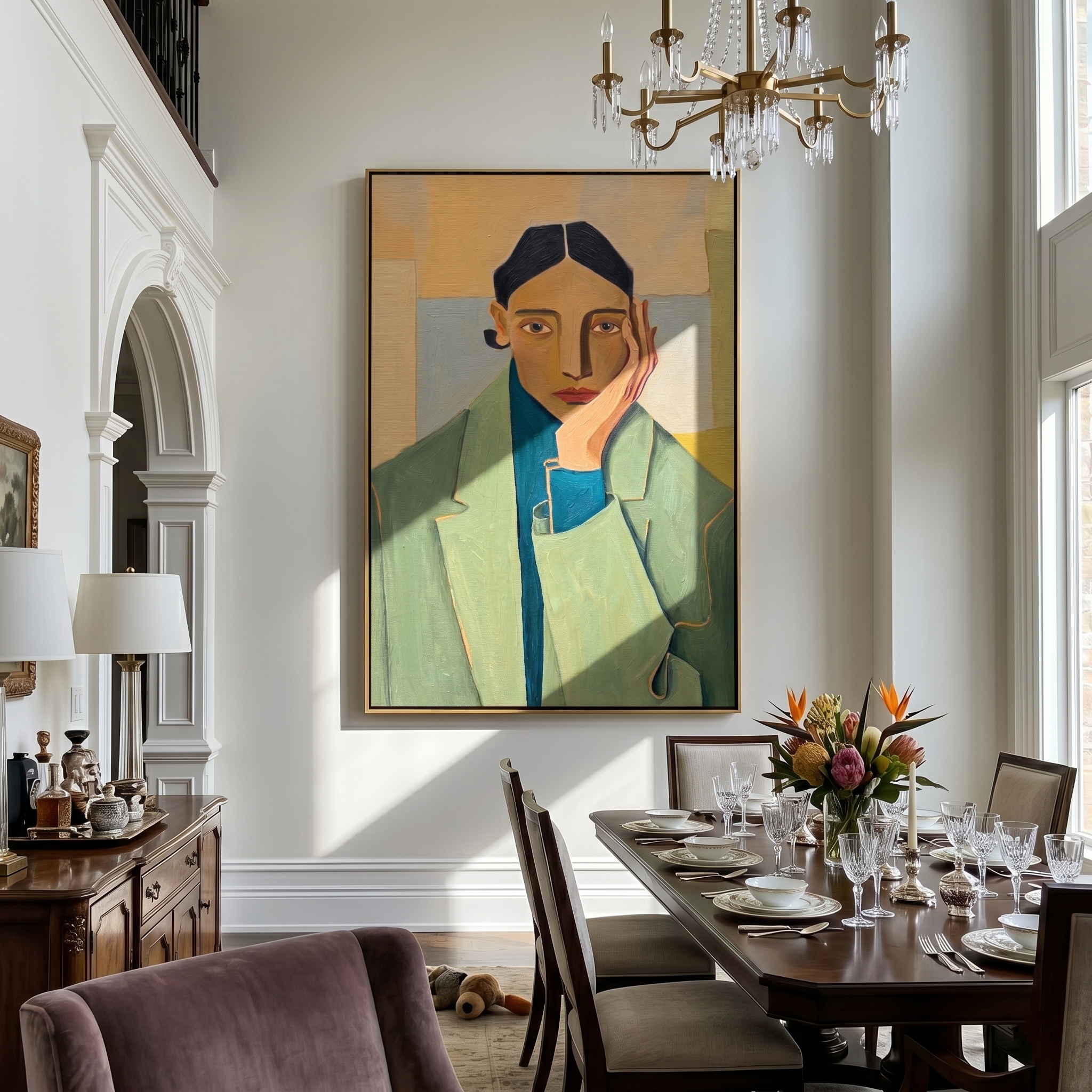 Green Blazer Quiet Hour — Green Blazer Portrait Painting | Retro Modern Vertical Wall Art – green and brown and gold retro modern fashion art, vertical hand-painted canvas art – view 6