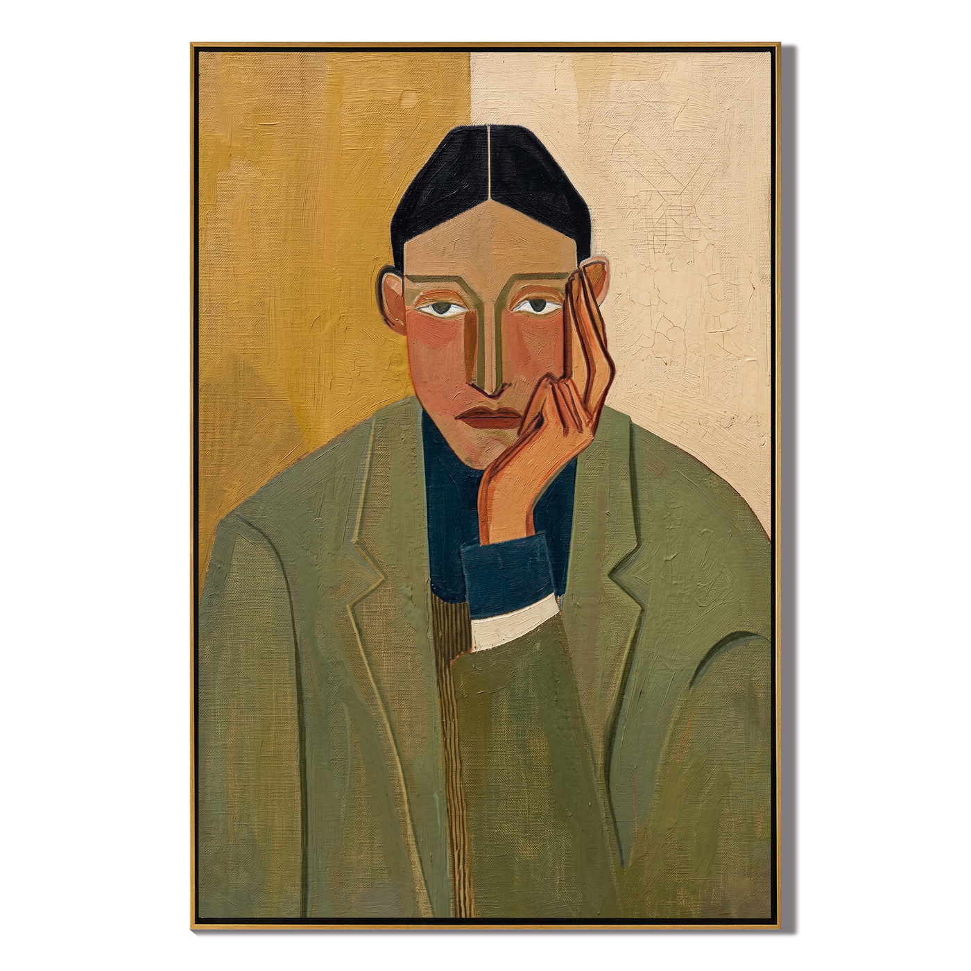Olive Waits by Evening — Olive Blazer Portrait Painting | Retro Modern Vertical Wall Art – brown and gold retro modern fashion art, vertical hand-painted canvas art – view 1