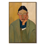 Olive Waits by Evening — Olive Blazer Portrait Painting | Retro Modern Vertical Wall Art – brown and gold retro modern fashion art, vertical hand-painted canvas art – view 1