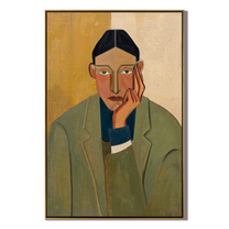 Olive Waits by Evening — Olive Blazer Portrait Painting | Retro Modern Vertical Wall Art – brown and gold retro modern fashion art, vertical hand-painted canvas art – view 1