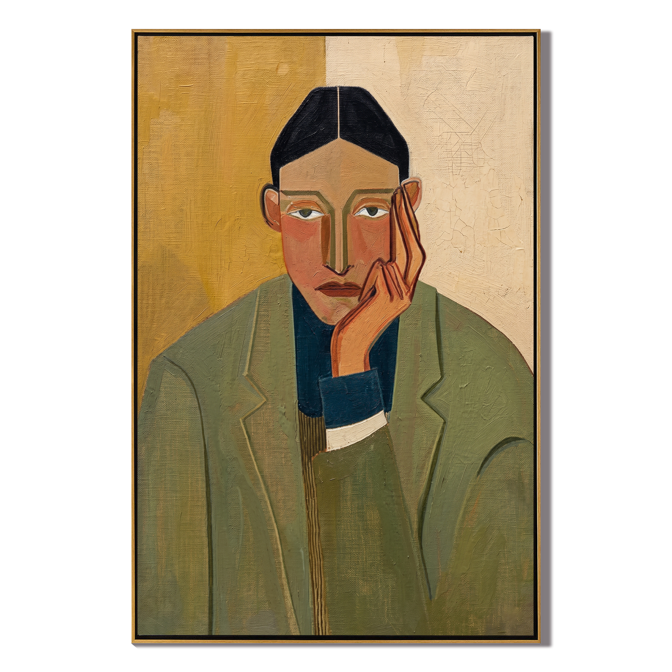 Olive Waits by Evening — Olive Blazer Portrait Painting | Retro Modern Vertical Wall Art – brown and gold retro modern fashion art, vertical hand-painted canvas art – view 1