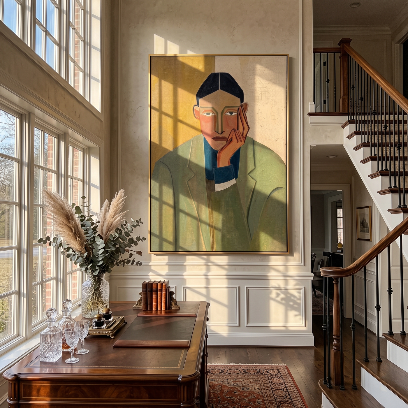 Olive Waits by Evening — Olive Blazer Portrait Painting | Retro Modern Vertical Wall Art – brown and gold retro modern fashion art, vertical hand-painted canvas art – view 2