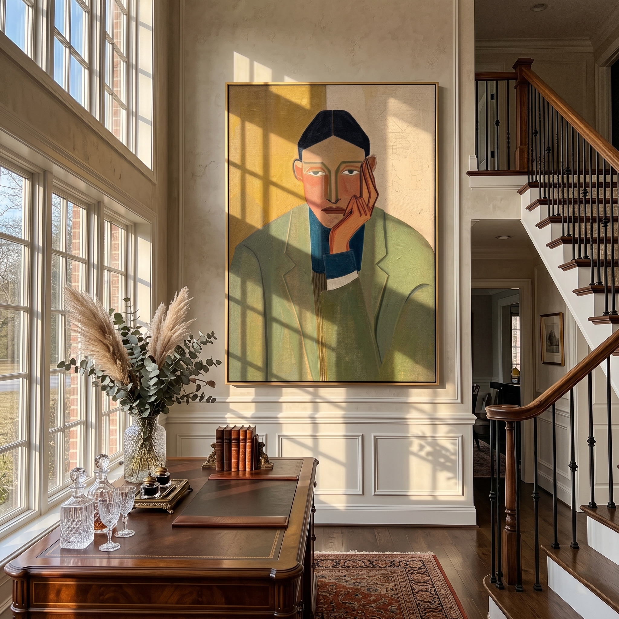 Olive Waits by Evening — Olive Blazer Portrait Painting | Retro Modern Vertical Wall Art – brown and gold retro modern fashion art, vertical hand-painted canvas art – view 2